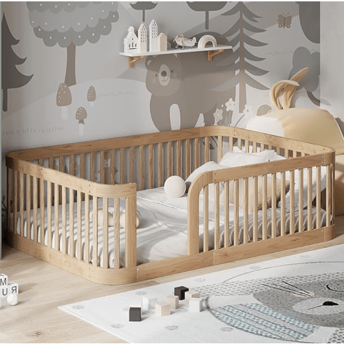 Bellemave Full Size Floor Bed Montessori Floor Beds with Fence Railings for Kids Full Floor Bed Frame for Boys, Girls, No Box Spring Needed & Rounded Corner Design, Natural