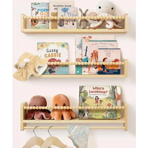 Nursery Book Shelves for Wall 24inch Set of 3, Natural Wood Bookshelf Wall Decor, Floating Shelf Organizer for Kids Room, Bedroom, Kitchen Spice Rack