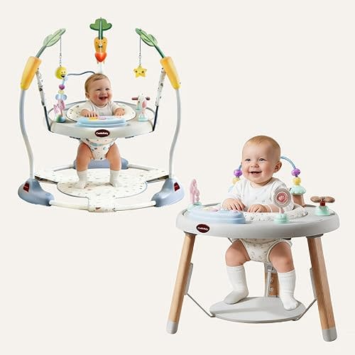 CuddoBaby Baby Jumper 4-Stage Convertible| Montessori -Inspired 8 Interactive Toys| Tummy Time Playmat, Bouncer, Exersaucer, Toddler Table| Music & Lights | 3-6, 6-12, 12-18, 12-24 Months - Gray