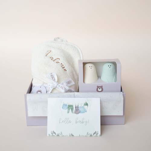 JBØRN Organic Cotton Baby Hooded Towel & Bath Toys Gift Set