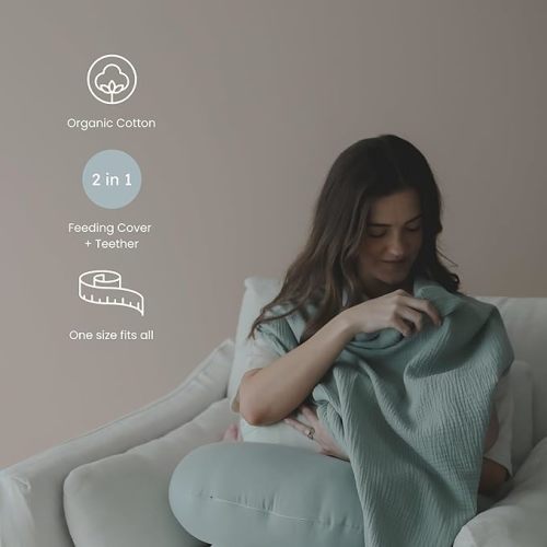 snuggle me® Nursing Cover - 100% Organic Cotton Muslin Nursing Cover Up for Breastfeeding with a BPA-free Silicone Teether Ring, Ultra-soft & Lightweight (33.5″ × 39.4″)