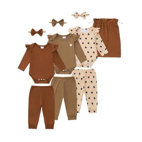 SUNNY PIGGY Newborn Baby Girl Clothes 10 Piece Infant Outfits 0-18 Months | Fall Winter Baby Clothing Set,Ruffle Long Sleeve Romper Bodysuit,Matching Bows,Gift Bag,Newborn Must Have Infant Essentials