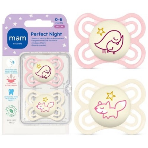 MAM Perfect Night Pacifier 0-6m - 2pk - Girl: Silicone, BPA-Free, Phthalate-Free
