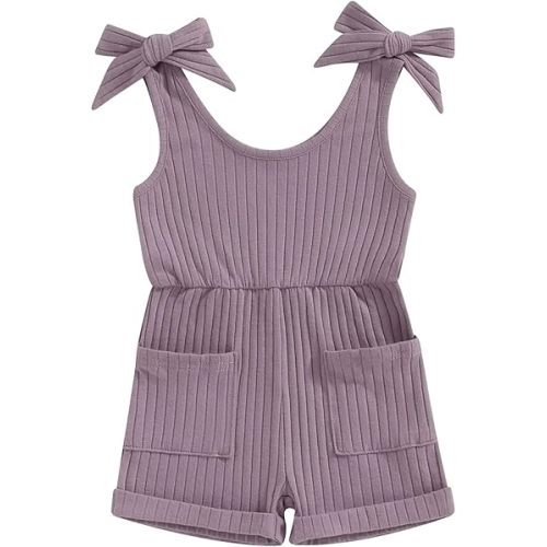 TheFound Baby Girl Summer Outfit Strap Bowknot Ribbed Romper Infant Newborn Baby Jumpsuit Toddler Girl Rompers Outfit - A Purple - 12-18 Months
