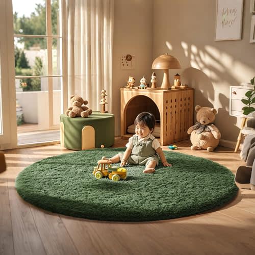 Ophanie Round Rug 6Ft Grey Green Circle Area Rug, Grayish Green Room Decor, Fluffy Fuzzy Bedroom Carpet, Plush Soft Shaggy Living Room Rugs for Decor Aesthetic, Nursery with Over 99 pcs Pile fibers