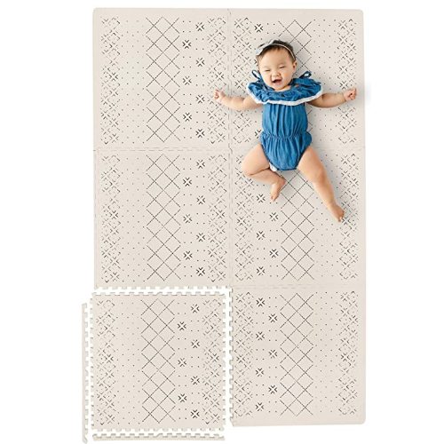 Yay Mats Stylish Extra Large Baby Play Mat. Soft, Thick, Non-Toxic Foam Covers 6 ft x 4 ft. Expandable Tiles with Edges Infants and Kids Playmat Tummy Time Mat (Carter Mudcloth Tan)