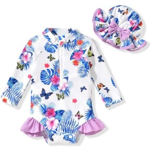 Aalizzwell Baby Girls Long Sleeve One Piece Swimsuit with Hat