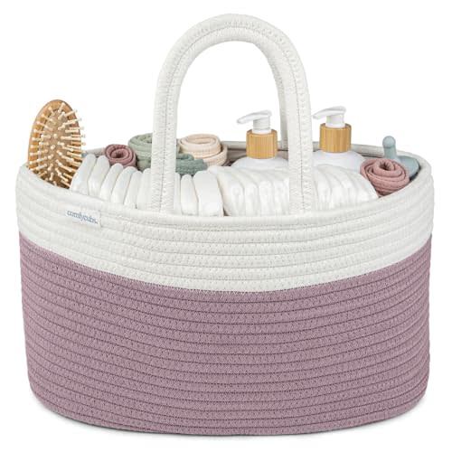 Comfy Cubs Rope Diaper Caddy Organizer 8.5" x 15" x 8" - Large Baby Diaper Basket with 3 Spacious Compartments - Stylish Cotton Baby Caddy Organizer for Diapers, Wipes & Essentials - Mauve