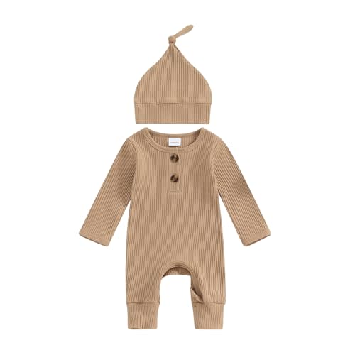 Newborn Baby Boy Girl Clothes Infant Ribbed Romper Solid Long Sleeve Knit Bodysuit Jumpsuit Hat Coming Home Outfit