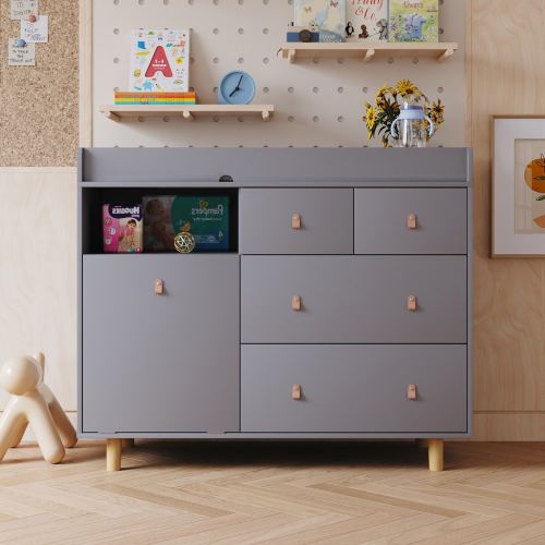 Homsee  Modern Baby Changing Table with Guardrails 4 Drawers Open Shelf and Tilt Out Hamper Nursery Dresser Organizer with Storage 32.3''L x 18''W x 37''H Gray