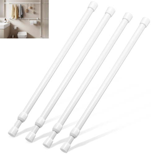 Manss 4 Pack 5/8" Spring Tension Curtain Rods, Adjustable Tension Rods White 16 to 28 Inch,No Drilling Spring Loaded Curtain Rods for Windows Doors, White
