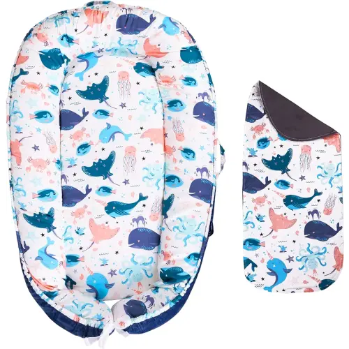 Baby Lounger - Infant & Newborn Lounger with 2-Inch Mattress Pad, Soft Baby Lounger Cover, Waterproof Urine Liner & Pad Cover - Available in 15 Patterns - BL12 Velvet Blue Sea Animals