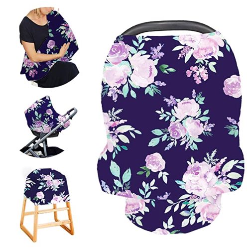Carseat Cover Girls, Multiuse - Nursing Breastfeeding Covers, Purple Flower Theme, Car seat Canopy, Stretchy Soft Breathable