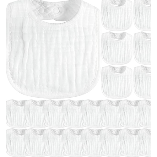 Zhanmai 20 Pack Muslin Baby Bibs Adjustable White Drool Bandana Bibs 6 Absorbent Layers for Newborn Baby Girl Boy Feeding, Drooling and Teething, Machine Washable