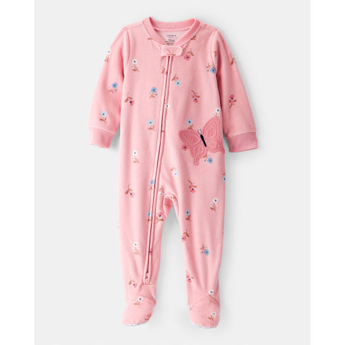 Baby Girl Butterfly & Floral Print Loose Fit Long-Sleeve 2-Way Zip 1-Piece Pajamas - Pink - Carter's | Carter's