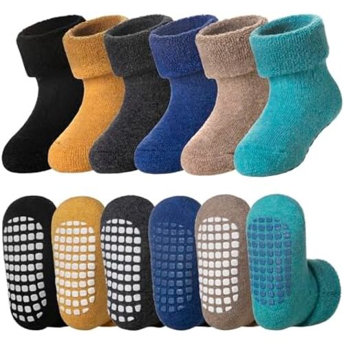 DoSmart Baby Toddler Non Slip Socks Infant Boys Girls Warm Thick Wool Ankle Crew Winter Socks with Grippers 6 Pairs
