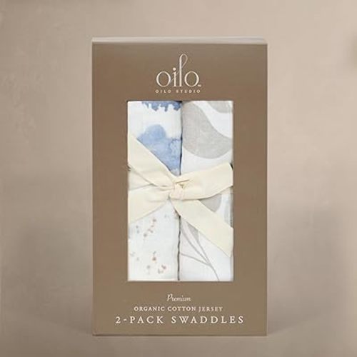 Oilo Premium Jersey Swaddle Blanket Set, Breathable 100% Turkish Cotton 4-Way Stretch Jersey, Soft Large Receiving Blanket (46" x 46"), 2-Pack, Girl, Boy, & Neutral Design, Misty Mountain & Beige Leaf