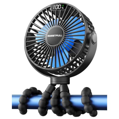 SWEETFULL [2026 Upgrade Portable Stroller Fan with LED Display, 4 Speed Rechargeable Mini Clip On Fan, 360° Rotate Flexible Tripod Better Cooling Small Baby Fan for Car Seat Crib Travel Treadmill