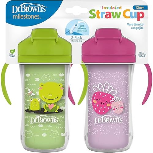 Dr. Brown's Milestones Insulated Sippy Cup with Straw and Handles, Spill-Proof Tumbler with Lid, 2-Pack, Green & Purple, 10 oz/300 mL, BPA Free, 12m+