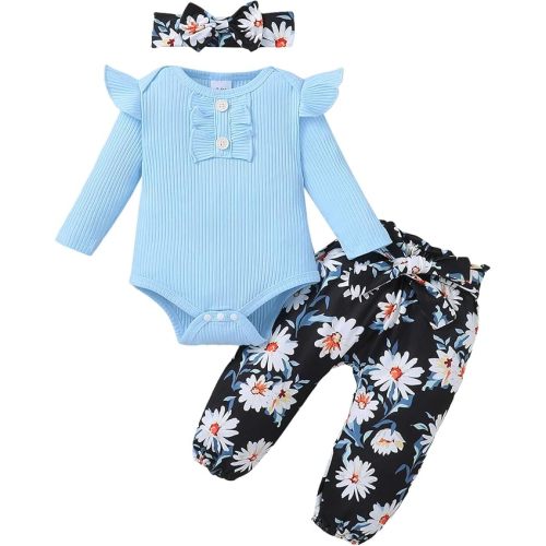 Newborn Baby Girls Clothes Ribbed Ruffled Romper+Floral Pants+Headband Infant Outfit Set