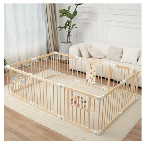 Foldable Wooden Baby Playpen Activity Center,Adjustable Size & Shape Portable Play Yard, Baby Fence Play Area with Gate for Indoor Use for Babies and Toddlers(84x56x24inches)