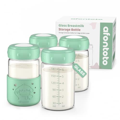 Glass Breastmilk Storage Bottles, Replacement Spectra Pump Bottles, BPA Free Wide Neck Borosilicate Glass Breast Milk Collection Baby Bottle with Silicone Sleeve, Breastfeeding Essentials, 6oz, 4 PCS