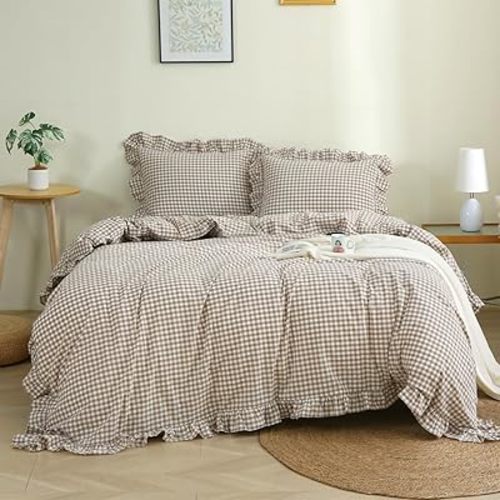 Taupe/White Plaid Ruffle Duvet Cover Queen Size,100% Washed Cotton 3 Pcs Vintage Checkered Chic Gingham Bedding Set Comforter Cover Set
