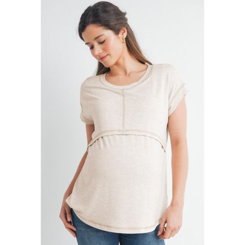 Hello Miz Women's Layered Maternity T-Shirt Relaxed Fit Short Sleeve Nursing-Friendly - Oatmeal - Medium