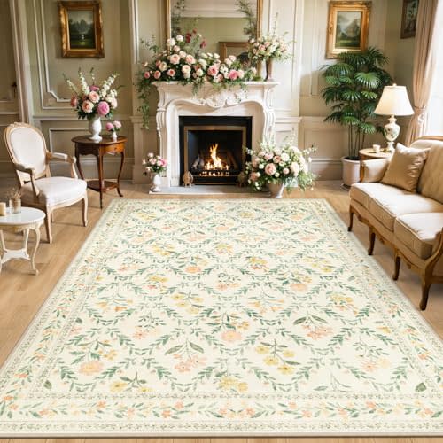 PLHXFR Area Rug 9x12 Living Room: Floral Washable Boho Carpet Beige Multi | For Bedroom Dining Room Farmhouse Nursery Hallway,Vintage Floral,Machine washable,Non Slip,Stain Resistant,Large Indoor