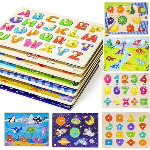 GRINNNIE Toddler Puzzle for 2 3 4 Years Old, 7PCS Montessori Kids Wooden Peg Puzzle Set (Dino Animal Shape Number Fruit..), Preschool Learning Puzzles Toy Gift for Boys Girls Birthday