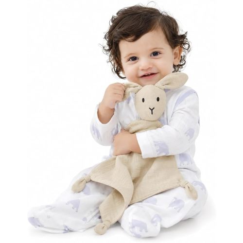 ZIGJOY Muslin Bunny Lovey, Lightweight Cotton Security Blanket, Khaki
