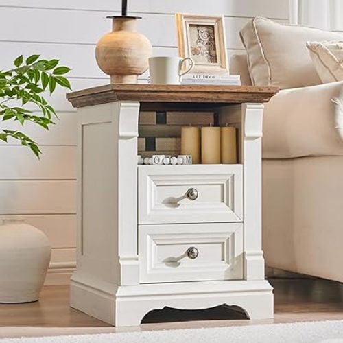 T4TREAM Farmhouse Nightstand with Charging Station, 18" End Table with 2 Drawers Storage, Wood Side Table w/Roman Column, Bedside Cabinet for Bedroom, Living Room, Antique White