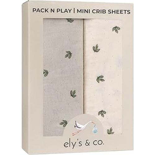 Ely’s & Co. Pack and Play Sheets, for Mini/Portable Crib, 2 Pack Fitted Playpen Play Yard Sheet Set Compatible with Graco Pack n Play, for Baby Boys/Girls, 100% Cotton, Sage Vintage Leaf, 38”x24”x5”