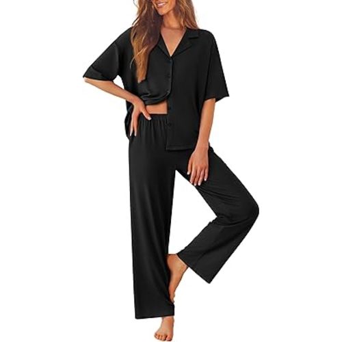 Ekouaer Women Pajamas Set Button Down Sleepwear Short Sleeve Pjs Soft Comfy Nightwear with Long Pants S-XXL