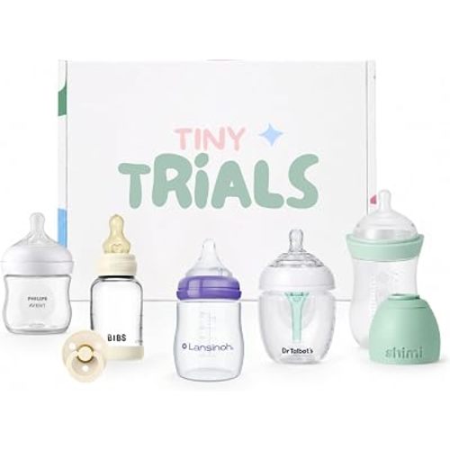 Baby Bottle Trial Pack Variety Box for Newborns – 5 Bottles & 1 Pacifier Featuring Bibs, Lansinoh, Philips Avent, Dr. Talbot's & Shimi – Anti-Colic, Breastfeeding-Friendly Registry Gift, Tiny Trials