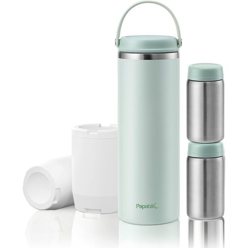 Papablic Innovative 360° CapsuleChill Breastmilk Cooler for 36H Safe Storage, 20oz Stress-Free Portable Breast Milk Chiller with 2pcs Stainless Steel Baby Bottles for Work & Travel, Mint Green