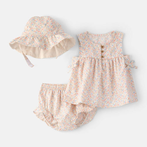 3-Piece Floral Hat, Top & Short Set, Pink