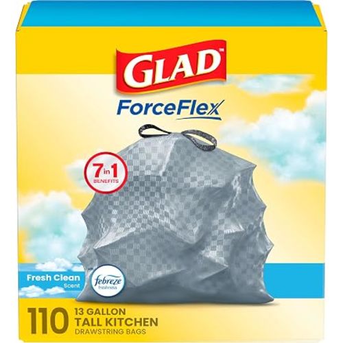 Glad Tall Kitchen Drawstring Trash Bags - Odorshield 13 Gallon White Trash Bag, Febreze Fresh Clean, 110 Count