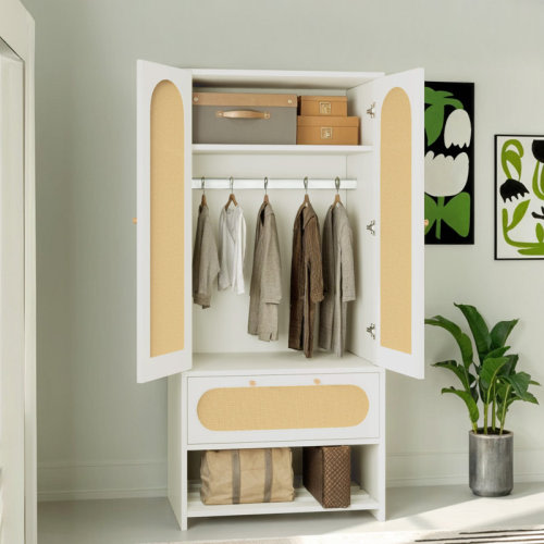 Bay Isle Home™ Modern Rattan Armoire Closet with Doors, Drawer, and Hanging Rod | Wayfair