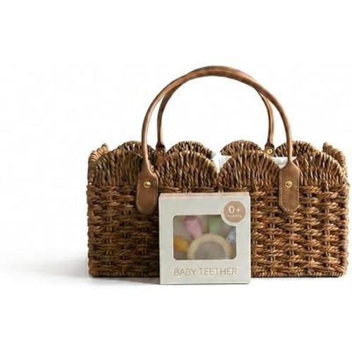 Diaper Caddy Organizer with BPA-Free Silicone Teether, Wicker Basket with Handle, Nursery Storage Organizer, Changing Table Organizer.