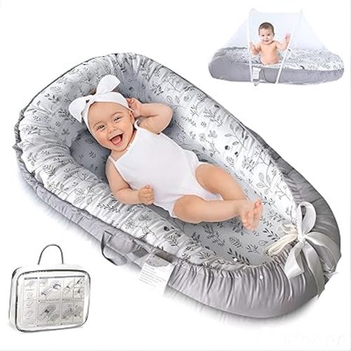 PIERRI Baby Lounger for Newborn with Detachable Mosquito Net - Ultra-Soft Cotton Snuggle Nest Lounger, Reversible Infant Lounger, Double-Sided Baby Nest, Infant Lounger, Baby Lounger for Newborn