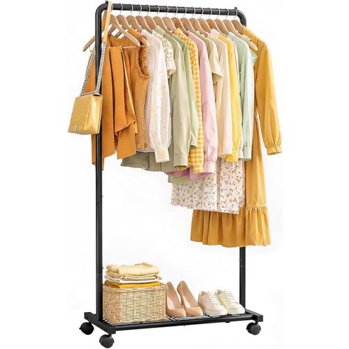 Sakugi Clothes Rack - Clothing Rack with Storage Mesh Shelf & Casters, Heavy-Duty Metal Clothing Rack for Hanging Clothes, Dresses, Coats, Large Load Capacity, Easy Assembly, Black, 28.0"x16.9"x59.0"