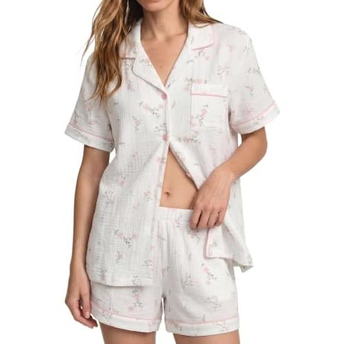 SWOMOG 100% Cotton Pajamas for Women Cute Floral 2 Piece Button Down Sleepwear Set with Shorts