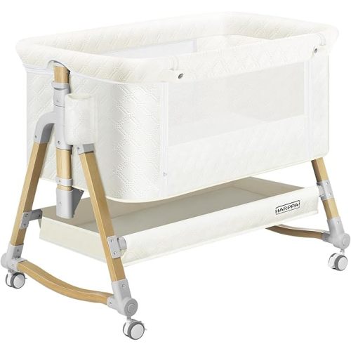 HARPPA Cuddly Bassinet, 3 in 1 Baby Bassinet Bedside Sleeper, Bedside Crib with Mattress and Wheels, Breathable Mesh, 5 Height Adjustable, Anchor Strap (Wood Grain, White)