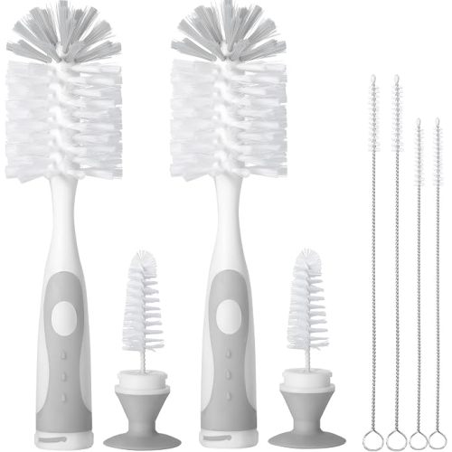 Gray Baby Bottle Brush 2-Pack, Suction Base & Hidden Cleaner