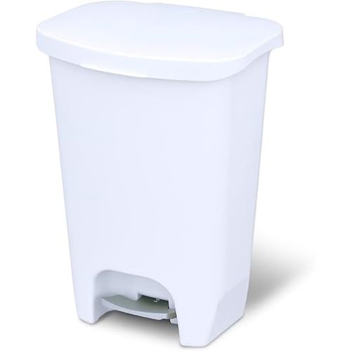 Glad 13 Gallon Trash Can | Plastic Kitchen Waste Bin with Odor Protection of Lid | Hands Free with Step On Foot Pedal and Garbage Bag Rings, 13 Gallon, White