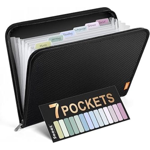 Sooez 7 Pockets Accordion File Organizer, Zipper Expanding File Folder, Heavy Duty Folder Organizer, Sleek Letter Size Accordion Folder, Portable Expandable File Folder, 14 x 11.2 Inch, Black