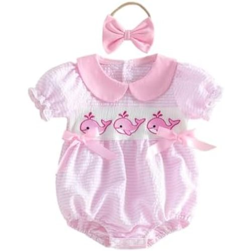 Baby Girl Summer Clothes Whale Print Bubble Romper Smocked Doll Collar Short Sleeve Onesie Headband Infant Outfits