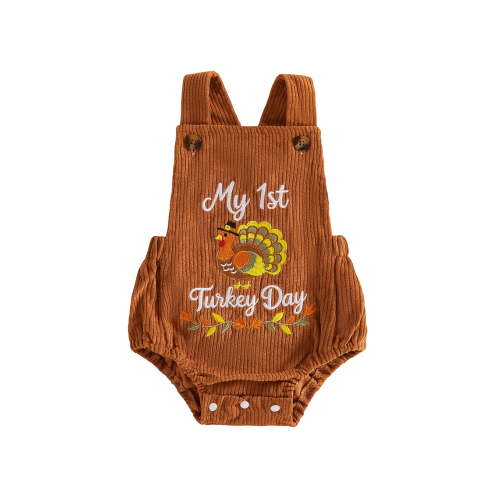 Cjfdfy Newborn Baby Boy Fall Thanksgiving Ouftits My First Thanksgiving Turkey Romper Turkey Embroidery Sleeveless Overalls Corduroy Bodysuit Cute Thanksgiving Fall Winter Outfit