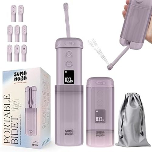 Portable Bidet - 250ml Rechargeable Electric Handheld Bidet with 5 Adjustable Spray Modes, 8 Replaceable Nozzles for Peri Bottle for Travel, Perineal, Postpartum & Post-Surgery Care (Purple)
